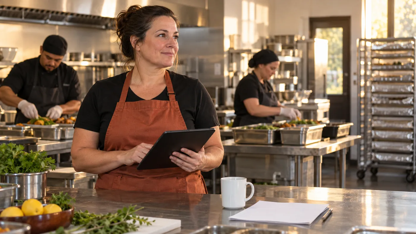 A woman in a terracotta apron holds a tablet at a stainless kitchen counter while two cooks work behind her.