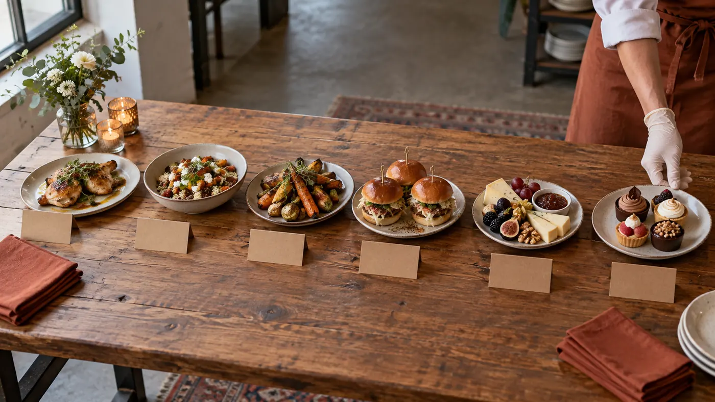 Six dishes sit in a row on a wooden table with blank kraft cards and terracotta napkins as a gloved hand adjusts the dessert plate.