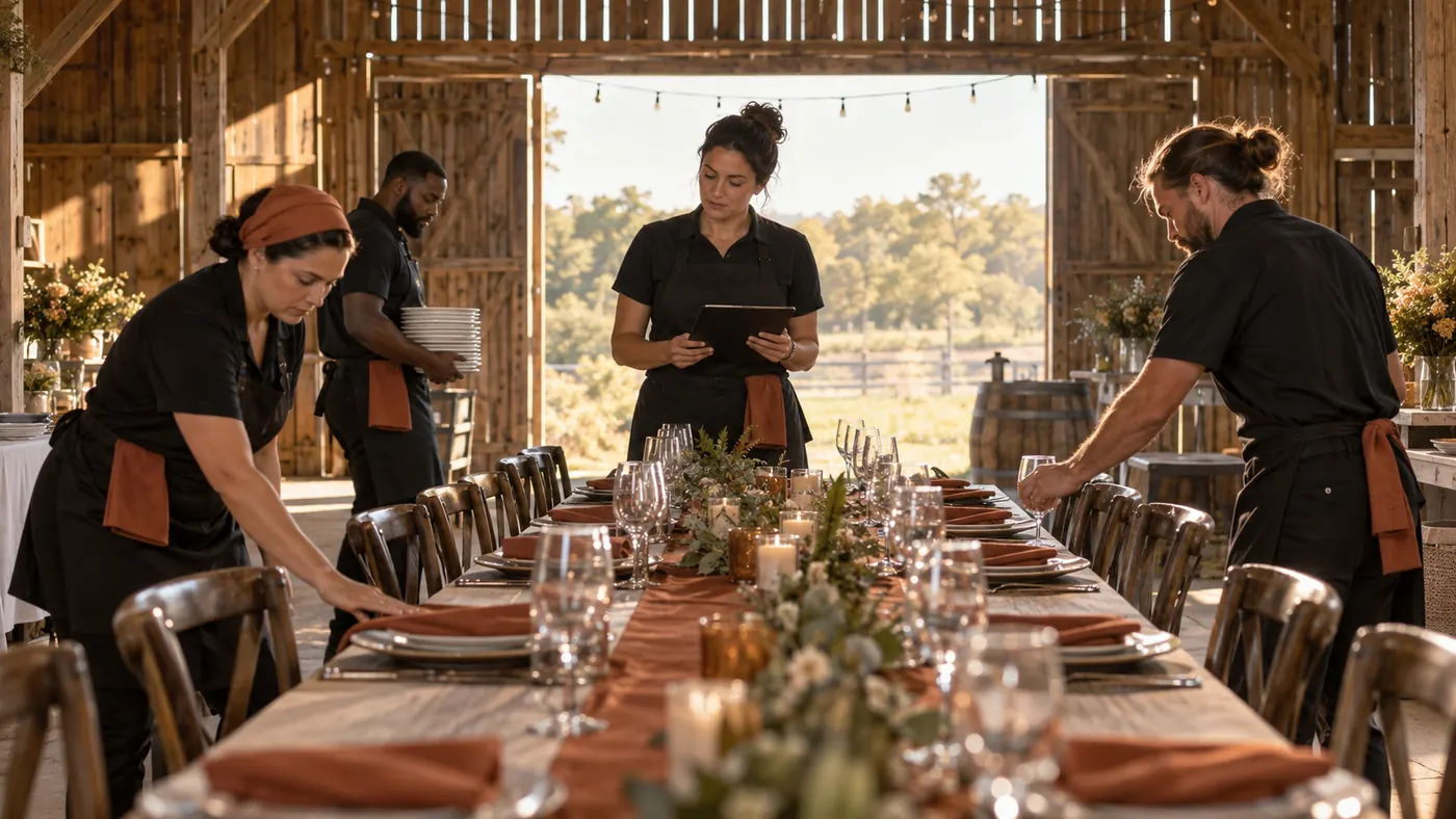 Four crew members set a long table in a wooden barn, including a person holding a tablet at the far end.