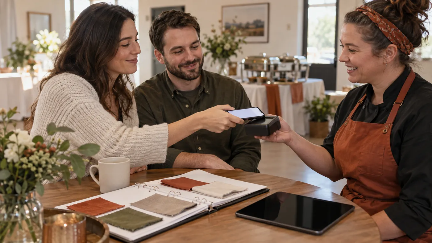 A seated customer holds a phone over a payment terminal held by a caterer while another customer watches beside a binder of fabric swatches.