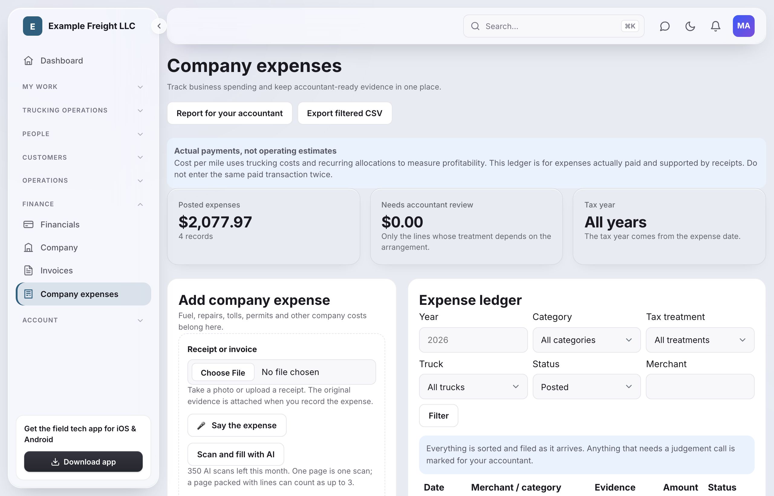 The company expenses page: posted expenses, the scan-and-fill-with-AI button and a line saying 350 AI scans are left this month.